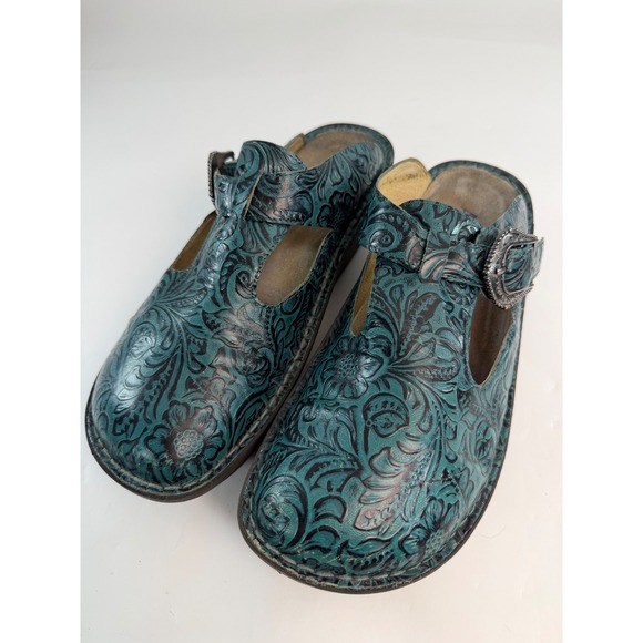 Alegria Shoes - Alegria Keli Teal Floral Tooled Leather Professional Clogs Buckle Strap Womens